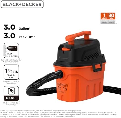BLACK+DECKER Shop Vacuum Wet and Dry, 3 Gallon 3.0 Peak HP, 3-in-1 Portable Corded Shop Vac with Accessories, Vacuum Cleaner for Home, Pet and Car(BDXV18910P-3) - Image 2