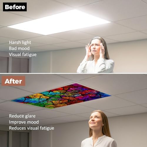 6 Pcs Fluorescent Light Covers for Ceiling Lights Multi color Colorful glowing stained glass Abstract stained glass Magnetic Decorative Shade Filters 4x2 ft for Classroom Office Hospital Decor - Image 3