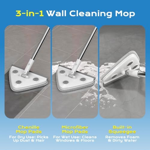 Wall Cleaner Mop with Long Handle, 75-Inch Wall Duster and Baseboard Cleaner Tool, 360° Rotating Triangle Head with 6 Microfiber and Chenille Pads for Walls, Ceilings, Windows and Floors - Image 7