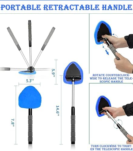 Car Windshield Cleaner Tool with Reusable Pads Extendable Handle(Blue) - Image 3