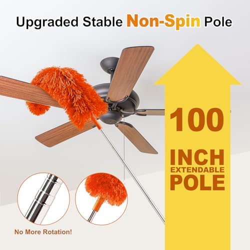 Tiumso 5-in-1 Duster with Extension Pole 100” Extendable Dusters for Cleaning Reusable Anti-Spin Dusting Kits for High Ceiling Fans, Cobwebs & Vents, Reinforced Stainless Steel Telescopic Handle - Image 2