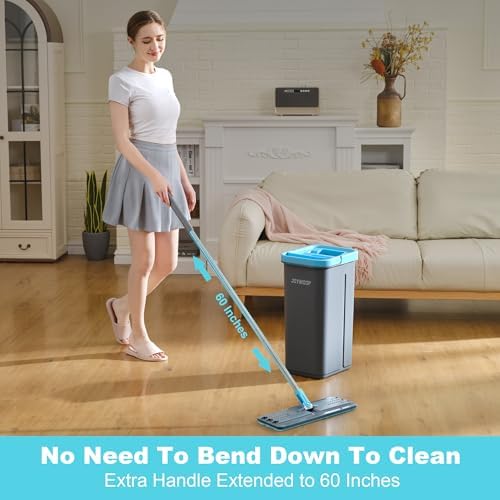 JOYMOOP Mop and Bucket Set with Wringer, with 3 Reusable Microfiber Mop Pads, Mops for Floor Cleaning and Wall Cleaning, Hands-Free Flat Mop for Home Use - Grey+Cyan Blue - Image 5