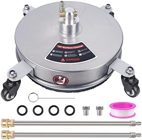 Biswing 14" Pressure Washer Surface Cleaner with 4 Wheels, Stainless Steel Power Washer Accessory for Driveways Sidewalks Patios Cleaning, 1/4" Quick Connector, 2 Extension Wand Attachments, 4000 PSI by Biswing