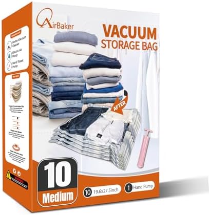 Vacuum Storage Bags for moving, Vacuum Seal Bags for Memory Foam, Latex, Clothing & Bedding, Space Saver Bags for Organization and Storage (Medium) by AirBaker