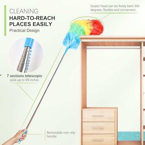 Rainbow Extendable Static Duster Reusable Microfiber Duster with 100" Telescoping Pole, Beandable and Washable Dusters Head for Cleaning Ceiling, Fan, Furniture - Image 3