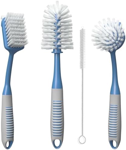 Dish Brush Set of 4 - Kitchen Scrub Brushes with Non-Slip Long Handle for Cleaning, Scrubber, Dishwashing, Dishes, Bottles, Straws, Cups, Pots & Sink, Blue by TrazonProducts