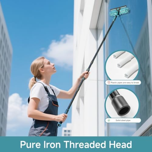 62" Window Squeegee, 2 in 1 Window Cleaning Tool with Telescopic Pole, Rotatable and Bendable Head for High Windows Indoor Outdoor, Includes 2 Blades & 2 Pads (Microfiber+Pads) - Image 4