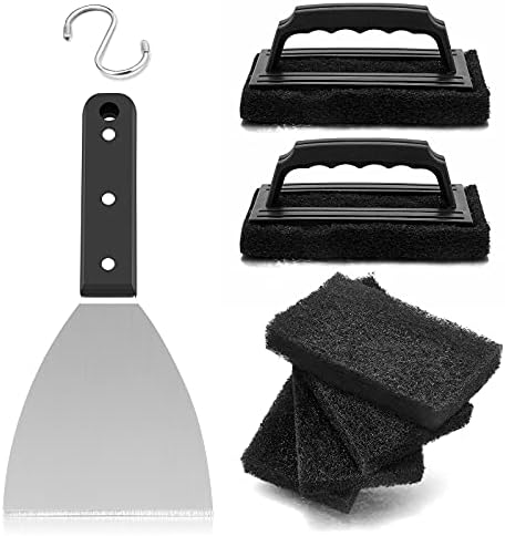 HaSteeL Griddle Cleaning Kit, 7PCS Flat Top Grilling Cleaner Tools Set, Metal Dough Scraper, Cleaning Brush with Handle, Scouring Pads for BBQ Cast Iron Kitchen Cookware Stovetops Hot & Cold Surfaces by HaSteeL