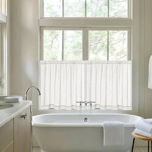 Off White Semi Sheer Linen Kitchen Curtains 24 Inch Length 2 Panels - Image 3