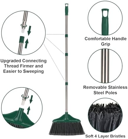 4 PCS Heavy Duty Broom Outdoor/Indoor Commercial Broom with 61" Long Handle,Perfect for Home Garage Kitchen Office Lobby Room Floor,Black and Green - Image 6