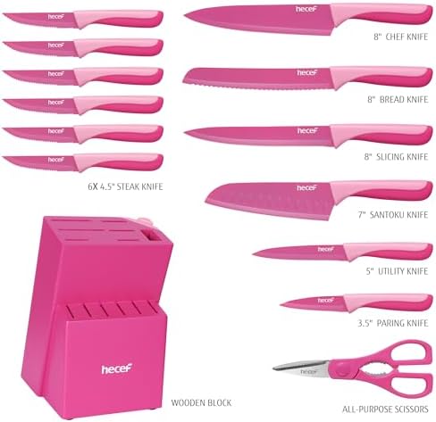 hecef 15 Pieces Kitchen Knife Set with Built-in Sharpening Wooden Block, Dishwasher Safe, High Carbon Stainless Steel Knife Block Set with Steak Knives, Kitchen Scissors, Hot Pink - Image 2