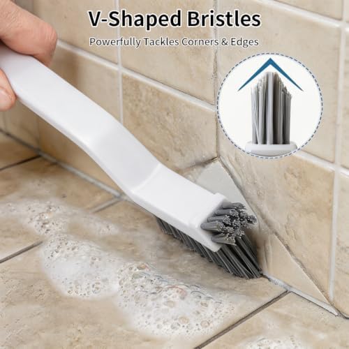 3-in-1 Grout Brush and Crevice Cleaner,with V-Shaped Bristles & Hair Clip-Multi-Surface Gap Cleaning Tool for Bathroom Tiles,Kitchen,Window Tracks,and Narrow Corners (White) - Image 2