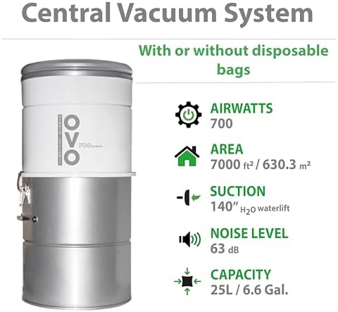 OVO Large and Powerful Central Vacuum System, 700 Airwatts Hybrid Filtration (with or Without Disposable Bags), Covers up to 7500 sq.ft, 6.6 Gal / 25L Bottom Load Rolled Steel Canister - Image 2