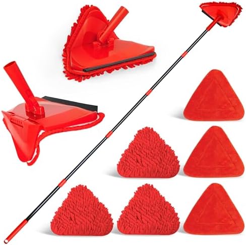 NEWE Wall Mop Cleaner, 80 inches Long Handle, 180° Folding Ceiling Cleaning Tool with Squeegee for Washing Painted Walls, Triangle Baseboard Scrubber with 3 Chenille Duster and 3 Microfiber Pads (Red) by NEWE