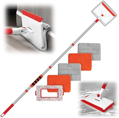 JEHONN Baseboard Cleaner Tool with Handle, 56 inches Base Boards Cleaning Mop Scrubber, 1 Stiff Bristles Brush, 2 Chenille and 2 Microfiber Pads, Wall Duster for Floorboard Ceiling Window Tile by JEHONN
