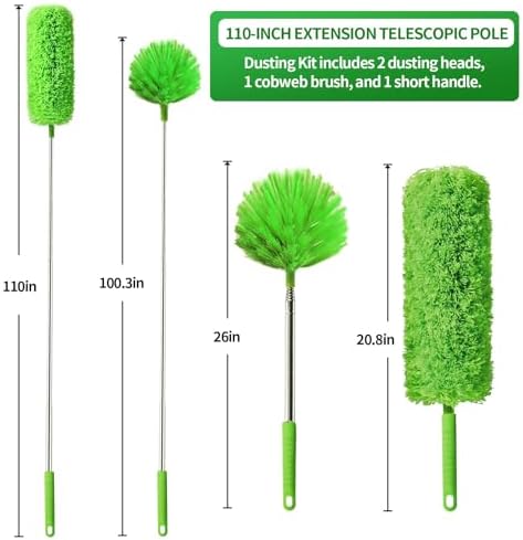 Cobweb Duster with Extension Pole, Washable Cleaning Duster Kit with 3 Duster Heads, Cobweb Duster, Corner Brush, Aluminum Telescoping Pole for high Ceiling Fan，Spider Web Brush with Extension Pole - Image 2