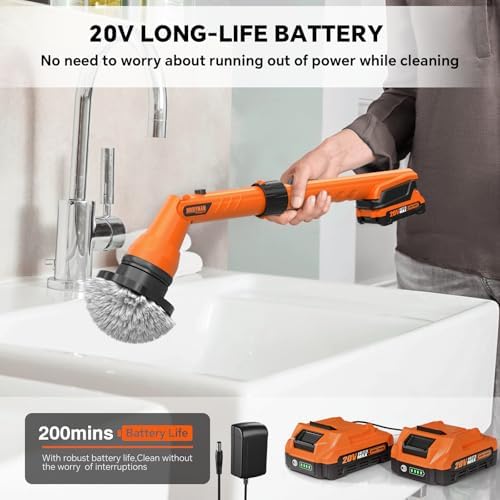 2 Battery Electric Spin Scrubber, 1000RPM Cordless Cleaning Brush Waterproof with 20V Power Supplied, Adjustable Extension Handle, 4 Replaceable Cleaning Heads, Hook, Gloves - for Tub/Tile/Wall/Floor - Image 2