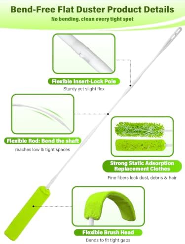 Bend-Free Gap Dust Cleaner Cleaning Tools Washable Flat Duster Brush with 4 Microfiber Chenille Dusting Cloths Long Handle 56 inches for Cleaning Under Appliances Furniture Couch Bed Fridge - Image 4