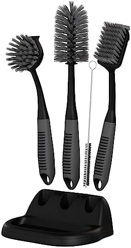 Dish Brush Set of 5 with Holder - Kitchen Scrub Brushes with Non-Slip Long Handle for Cleaning, Scrubber, Dishwashing, Dishes, Bottles, Straws, Cups, Pots & Sink, Black by TrazonProducts