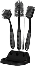 Dish Brush Set of 5 with Holder - Kitchen Scrub Brushes with Non-Slip Long Handle for Cleaning, Scrubber, Dishwashing, Dishes, Bottles, Straws, Cups, Pots & Sink, Black by TrazonProducts