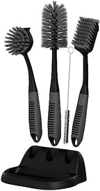 Dish Brush Set of 5 with Holder - Kitchen Scrub Brushes with Non-Slip Long Handle for Cleaning, Scrubber, Dishwashing, Dishes, Bottles, Straws, Cups, Pots & Sink, Black by TrazonProducts