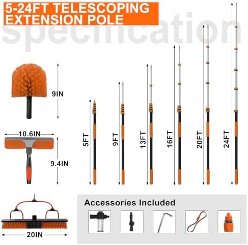 Buyplus 30FT Reach Solar Panel Cleaning Brush Kit with 5-24FT Telescoping Pole, Water Fed Window Cleaner Tool with 20" Brush, Soap Dispenser, Cobweb Duster, Squeegee for Roof, RV, Gutter, Deck,Orange - Image 3