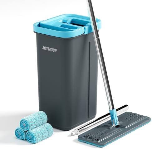 JOYMOOP Mop and Bucket Set with Wringer, with 3 Reusable Microfiber Mop Pads, Mops for Floor Cleaning and Wall Cleaning, Hands-Free Flat Mop for Home Use - Grey+Cyan Blue by JOYMOOP