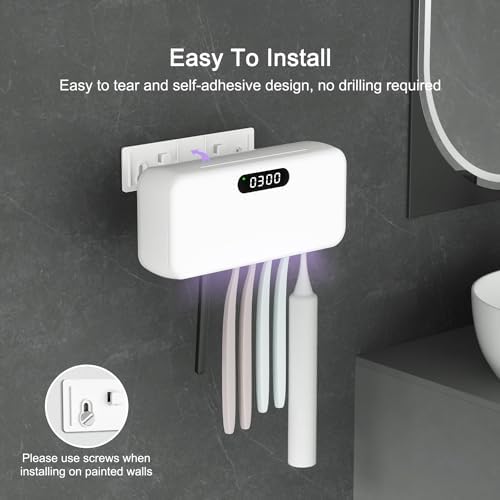 UV Toothbrush Sanitizer and Holder for Bathroom, 5 Toothbrush Slots for Family with Fan and PTC Heat Drying, Type-C Charging, No-Drill Wall Mount - Image 3