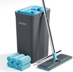 JOYMOOP Mop and Bucket Set, Mops for Floor Cleaning, Wall Mop Cleaner with Long Handle, with 6 Reusable Microfiber Mop Pads - Grey+Cyan Blue by JOYMOOP