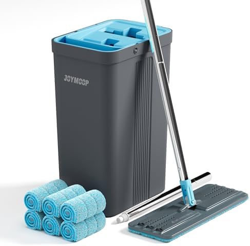 JOYMOOP Mop and Bucket Set, Mops for Floor Cleaning, Wall Mop Cleaner with Long Handle, with 6 Reusable Microfiber Mop Pads - Grey+Cyan Blue by JOYMOOP