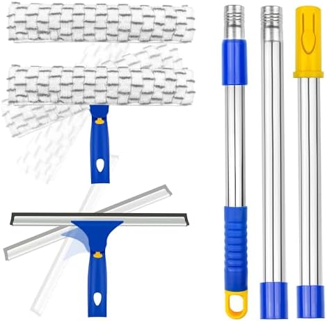 Window Squeegee with Extension Pole, Separate 12" Squeegee & 11" Microfiber Scrubber Heads, Window Cleaning Kit for Hard-to-Reach Windows, Shower Doors, Car Windshields, Indoor Outdoor-2 Pads by ITTAHO