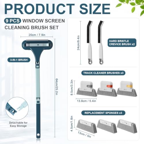 9 Pcs 3-in-1 Window Screen Cleaning Brush Set, Mesh Screen Cleaner Tool & Pet Hair Remover with Squeegee, Detachable Long Handle, Track Brush, Sponge Heads for Patio, Door, Couch, Porch Screens - Image 2