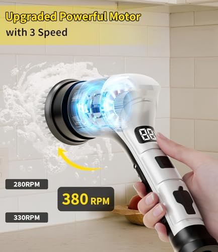 Electric Spin Scrubber, Cordless Household Cleaning Brush with 6 Replaceable Heads, 3 Speeds, LED Display, Lightweight Handheld Power Scrubber for Cleaning Stove/Bowl/Sink/Corner/Tile/Grout-Black - Image 4