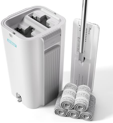 JOYMOOP Flat Mop System, 8L Mop and Bucket Set with Extension Handle, White, Large Capacity Floor Cleaning Mop for Household & Commercial Use, Includes 5 Microfiber Pads for Wet & Dry Cleaning by JOYMOOP