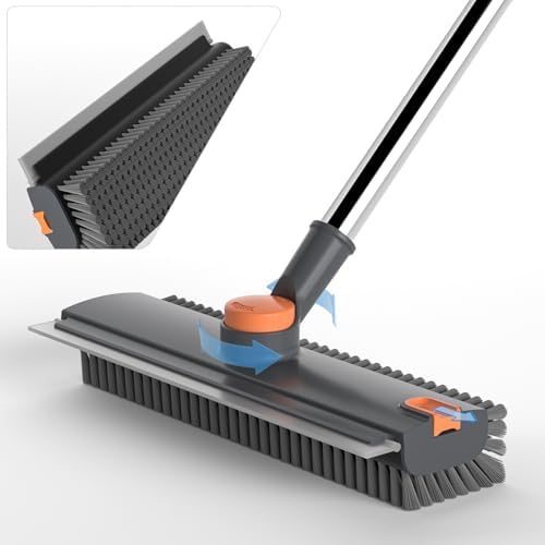 Floor Scrub Brush with Long Handle, 3 in 1 Scrape and Heavy-Duty Stiff Bristle Floor Scrubber Brush Broom with Squeegee and Tweezer for Cleaning Grey by DOLPLEAP