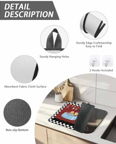 Kitchen Fat Chef Stove Top Covers for Electric Stove, Farmhouse Red Cook Induction Cooktop Cover Protector, White Black Plaid Range Mat for Glass Top Stove, Kitchen Countertop Dish Drying Mat, 24"x21" - Image 4