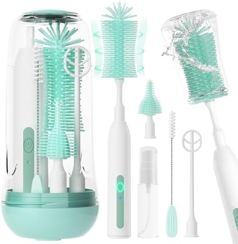 Electric Bottle Brush Cleaner,Rechargeable Baby Bottle Cleaning kit with Formula Mixer, Silicone Nipple&Straw Brush, Soap Dispenser, Drying Rack-IPX7 Waterproof,Long Battery Life for Home & Travel by BoutarzyOfficial