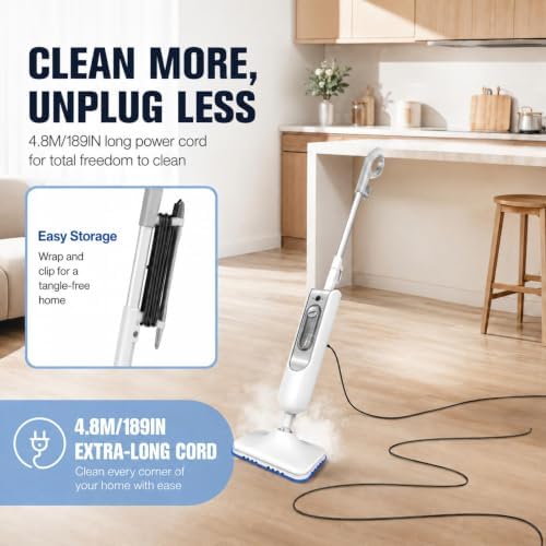 Steam Mop, 2 Level Adjustable Handle, with 4 Accessories,White - Image 2