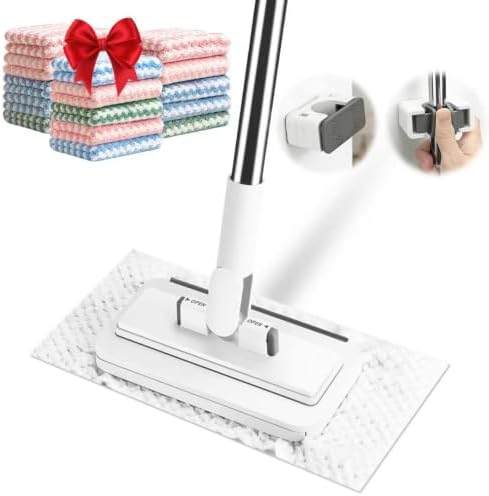 Snap Grip Mini Mop with 20 Reusable Cloths, 50 Inch Adjustable Hands Free Flat Mop, Cloth Clip Lazy Mops with Wall Hook for Wet Dry Cleaning Floors Walls Kitchen Bathroom Corners by Unknown