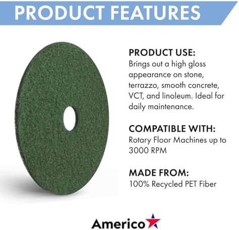 Americo Black Diamond Green Polishing and Daily Maintenance Floor Pad, 14" Diameter, 3000 Grit, 2 Pads/Case, Made in the USA - Image 4