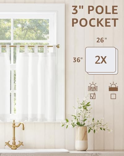jinchan Linen Tier Curtains, Tab Top, 26x36, 2 Panels, Beige White - Image 3