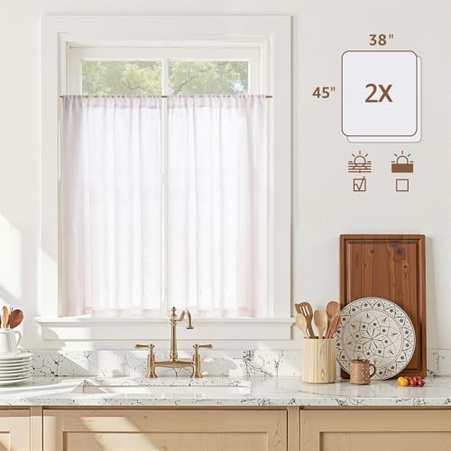jinchan Linen Kitchen Tier Curtains, 38x45, 2 Panels, Beige White - Image 6
