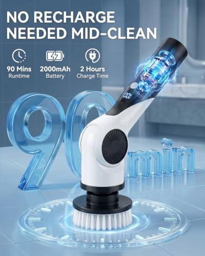 Electric Spin Scrubber, 3-Speed Shower Scrubber with Long Handle & 10 Replaceable Brush Heads, Cordless Shower Cleaner Brush with 90 Mins Runtime & Full-Body IPX7 Waterproof for Bathroom Kitchen - Image 5