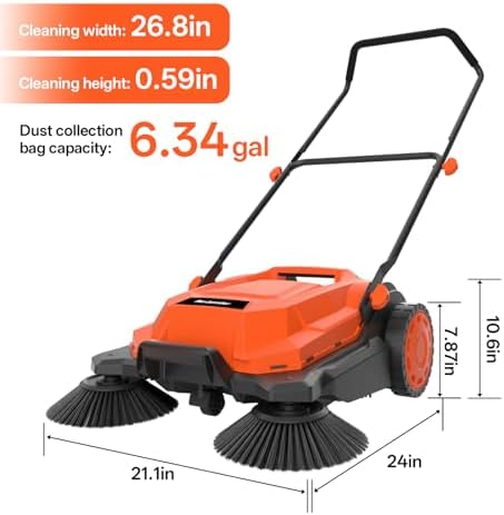 MAXLANDER 26-Inch Walk-Behind Floor Sweeper, Manual Push Cleaner with 6.3-Gallon Dust Container, Adjustable Folding Handle for Garage, Patio, Sidewalk & Yard - Image 2