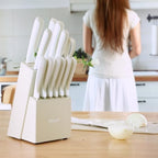 hecef 15Pcs Cream White Kitchen Knife Set, Built-in Sharpening Wooden Block - Image 5