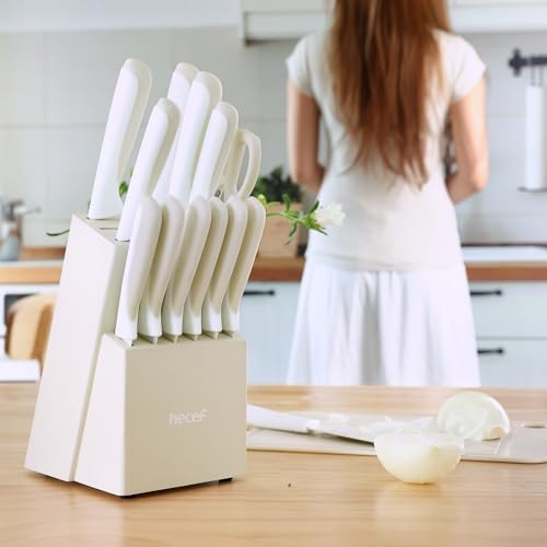 hecef 15Pcs Cream White Kitchen Knife Set, Built-in Sharpening Wooden Block - Image 5
