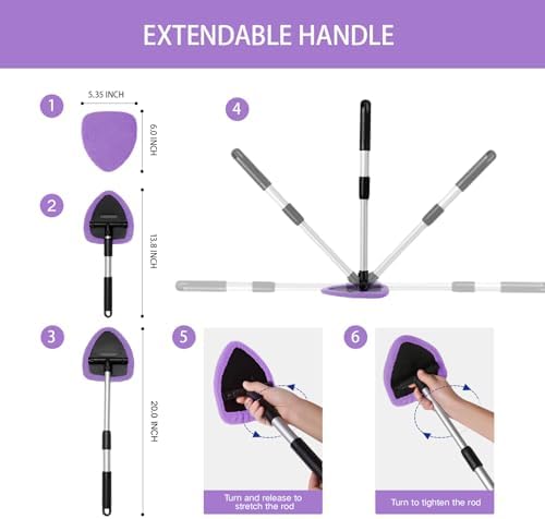 Qydipclin 10pcs Windshield Cleaner Tool, Car Window Cleaning Wash Kit with 4 Reusable Microfiber Pads 1 Spray Bottle and Extendable Handle Auto Glass Wiper Kit, Purple - Image 5