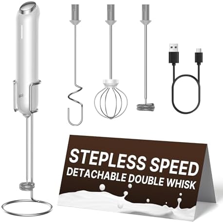 InstaWhisk Milk Frother with Variable Speed, Rechargeable Coffee Frother Wand with Detachable Double Whisk, Handheld Electric Stirrer for Latte, Cappuccino, Matcha, Almond Milk, Protein, White by Unknown