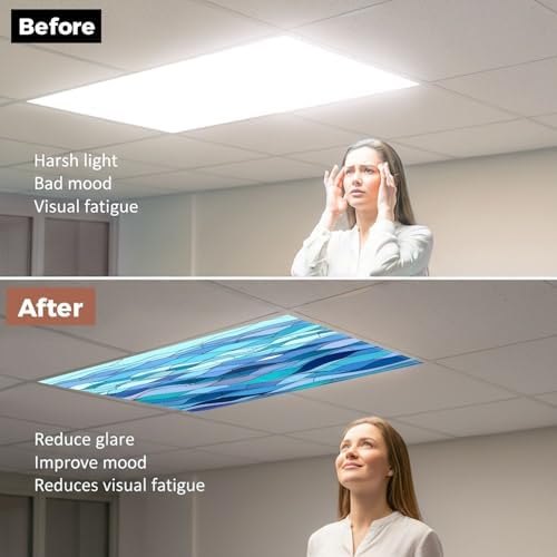 6 Pcs Fluorescent Light Covers for Ceiling Lights Abstract stylized wave sky like stained glass window Magnetic Decorative Shade Filters 4x2 ft for Classroom Office Hospital Decor - Image 3