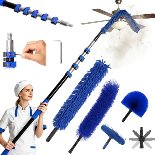 26FT Reach Duster Kits, Window Cleaning kit with 5-20FT Telescoping Extension Pole, Cobweb Duster, Washable Fan Duster for Ceiling, Window Squeegee for Glass and Microfiber Feather Duster by Karveden